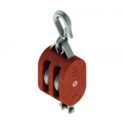 12 in. Regular Wood Shell Block Double Sheave - WLL 8000 lb - Hook w/Latch - 1-1/4 in. Manilla Rope