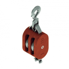 3 in. Regular Wood Shell Block Double Sheave - WLL 800 lb - Swivel Hook w/Latch - 3/8 in. Manilla Rope