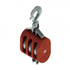 12 in. Regular Wood Shell Block Triple Sheave - WLL 10000 lb - Swivel Hook w/Latch - 1-1/4 in. Manilla Rope