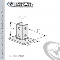 Single Channel Post Base From Steel-Zinc Yellow Plating With 6-Hole Flush Inline 3-Sided Post And 4 in.X 6 in. 2-Hole Base