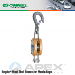 Campbell #7205436 4 in. Single Sheave Wood Block - WLL 1000 lb - Round Hook - 1/2 in. Manilla Rope