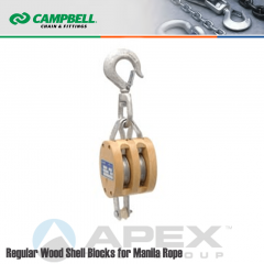 Campbell #7206934 4 in. Double Sheave Wood Block - WLL 1400 lb - Swivel Hook - 1/2 in. Manilla Rope