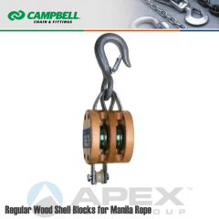 Campbell #7206936 4 in. Double Sheave Wood Block - WLL 1400 lb - Round Hook - 1/2 in. Manilla Rope