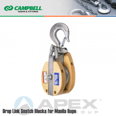 Campbell #7265886 8 in. Single Sheave Drop Link Snatch Wood Block - Manila Rope - WLL 4800 lb - Swivel Hook w/Latch