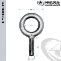 K2004-ZN: 7/16-14 x 1-3/8 in Long Full Thread Plain Pattern Eyebolt Carbon Steel - Made in the USA