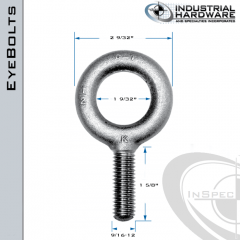 K2006: 9/16-12 x 1-5/8 in Long Full Thread Plain Pattern Eyebolt Carbon Steel - Made in the USA