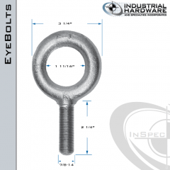 K2009-UNF-ZN: 7/8-14 x 2-1/4 in Long Full Thread Plain Pattern Eyebolt Carbon Steel - Made in the USA