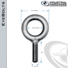 K2012-ZN: 1-1/4-7 x 3 in Long Full Thread Plain Pattern Eyebolt Carbon Steel - Made in the USA