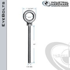 K2021-4-SS: 1/4-20 x 4 in Long Full Thread Shoulder Pattern Eyebolt SS Type 304 - Made in the USA