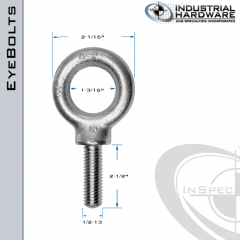 K2025-2 1/2-SS: 1/2-13 x 2-1/2 in Long Full Thread Shoulder Pattern Eyebolt SS Type 304 - Made in the USA