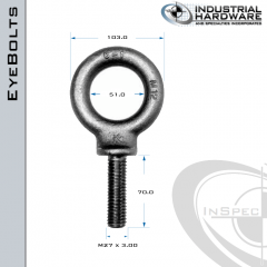 M27: M27 x 3.00 x 70.0mm Long Full Thread Shoulder Pattern Eyebolt Carbon Steel - Made in the USA