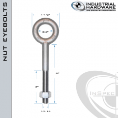 N2003-316SS-6: 3/8-16 x 6 in Long with 3 in Thread Plain Pattern Eyebolt with Nut SS Type 316 - Made in the USA