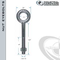 N2005-10: 1/2-13 x 10 in Long with 4 in Thread Plain Pattern Eyebolt with Nut Carbon Steel - Made in the USA