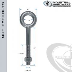 N2005-2: 1/2-13 x 2 in Long with 1-5/8 in Thread Plain Pattern Eyebolt with Nut Carbon Steel - Made in the USA