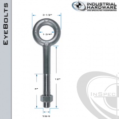 N2009-12: 7/8-9 x 12 in Long with 4 in Thread Plain Pattern Eyebolt with Nut Carbon Steel - Made in the USA