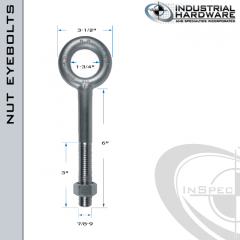 N2009-SS-6: 7/8-9 x 6 in Long with 3 in Thread Plain Pattern Eyebolt with Nut SS Type 304 - Made in the USA