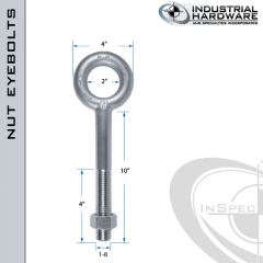 N2010-10: 1-8 x 10 in Long with 4 in Thread Plain Pattern Eyebolt with Nut Carbon Steel - Made in the USA