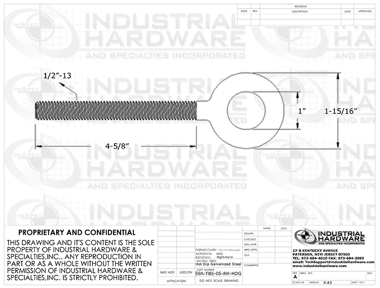 TBE-05-RH-HDG: 1/2-13 x 4-5/8 Eye End Turnbuckle Fitting Right-Hand Hot Dip Galvanized Drop-Forged Carbon Steel - Made in the USA