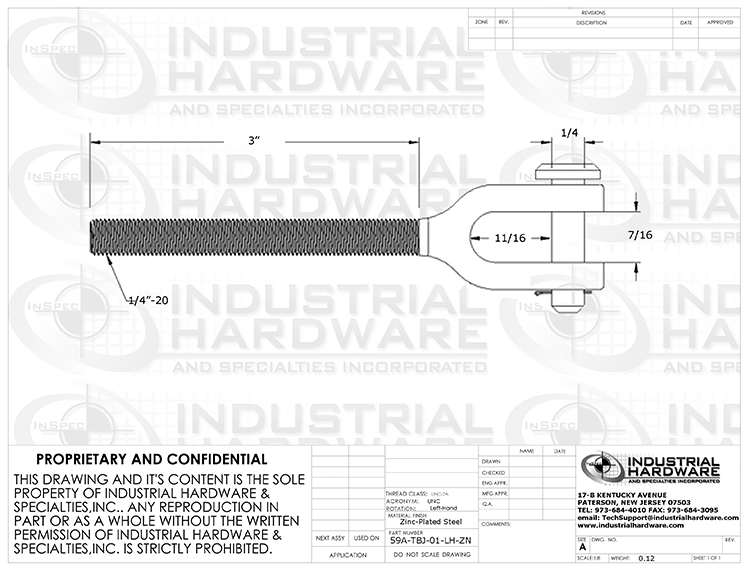 TBJ-01-LH-ZN: 1/4-20 x 3 Clevis End Turnbuckle Fitting Left-Hand Zinc Plated Drop-Forged Carbon Steel - Made in the USA