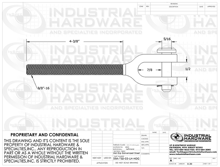 TBJ-03-LH-HDG: 3/8-16 x 4-3/8 Clevis End Turnbuckle Fitting Left-Hand Hot Dip Galvanized Drop-Forged Carbon Steel - Made in the USA