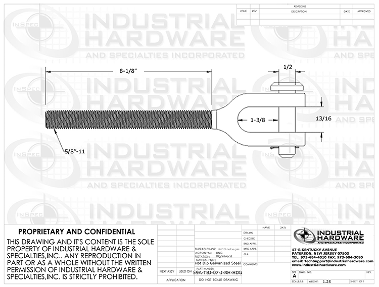 TBJ-07-J-RH-HDG: 5/8-11 x 8-1/8 Clevis End Turnbuckle Fitting Right-Hand Hot Dip Galvanized Drop-Forged Carbon Steel - Made in the USA