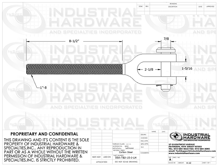 TBJ-10-J-LH: 1-8 x 8-1/2 Clevis End Turnbuckle Fitting Left-Hand Self-Colored Drop-Forged Carbon Steel - Made in the USA