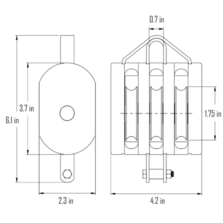 3 in. Regular Wood Shell Block Triple Sheave - WLL 1200 lb - Anchor Shackle - 3/8 in. Manilla Rope