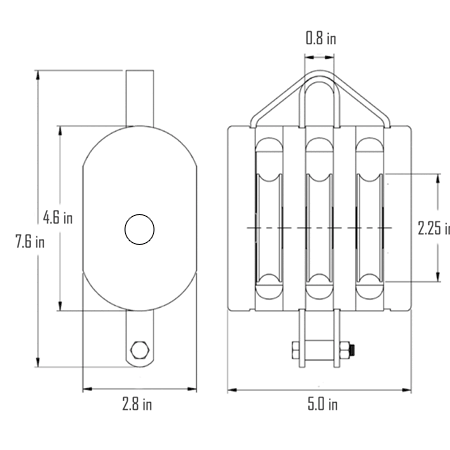 4 in. Regular Wood Shell Block Triple Sheave - WLL 1800 lb - Swivel Hook w/Latch - 1/2 in. Manilla Rope