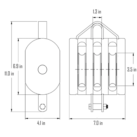 6 in. Regular Wood Shell Block Triple Sheave - WLL 3200 lb - Hook w/Latch - 3/4 in. Manilla Rope