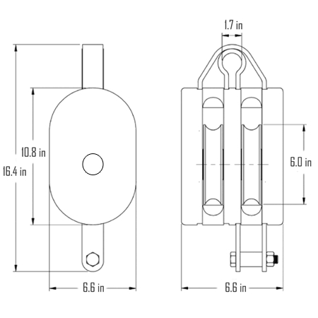 10 in. Regular Wood Shell Block Double Sheave - WLL 6000 lb - Swivel Hook w/Latch - 1-1/8 in. Manilla Rope