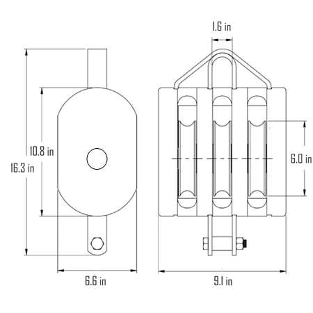 10 in. Regular Wood Shell Block Triple Sheave - WLL 8000 lb - Swivel Hook w/Latch - 1-1/8 in. Manilla Rope