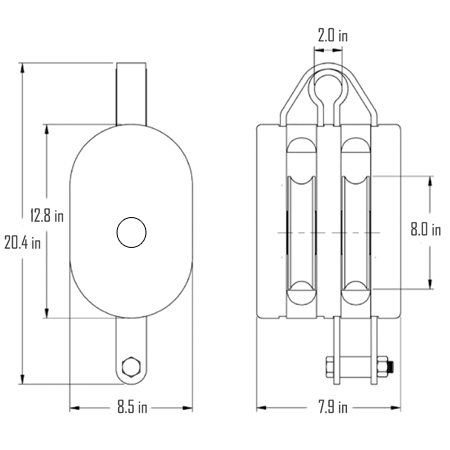 12 in. Regular Wood Shell Block Double Sheave - WLL 8000 lb - Swivel Hook w/Latch - 1-1/4 in. Manilla Rope