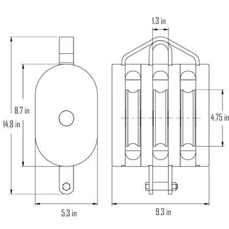 8 in. Extra Heavy Wood Shell Block Triple Sheave - WLL 7000 lb - Swivel Hook w/Latch - 1-1/8 in. Manilla Rope